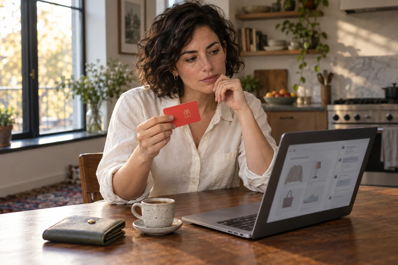 A woman at a sunlit kitchen table holds a coral gift card while considering products on her laptop.