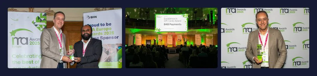 B4B Payments supplied collage showing its team receiving the Excellence in Gift Cards award and the IMA Europe Awards 2025 stage.