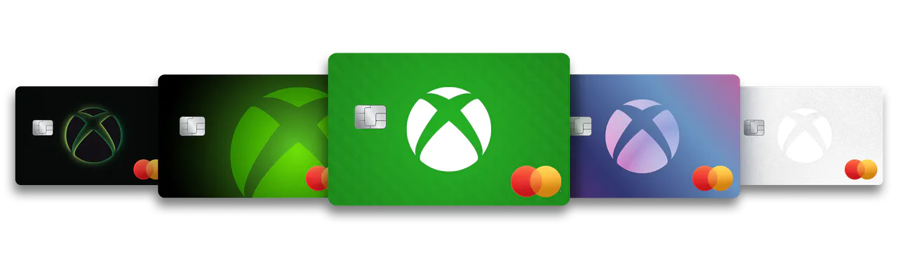 Five Xbox Mastercard card designs in black, green, blue-purple and white.