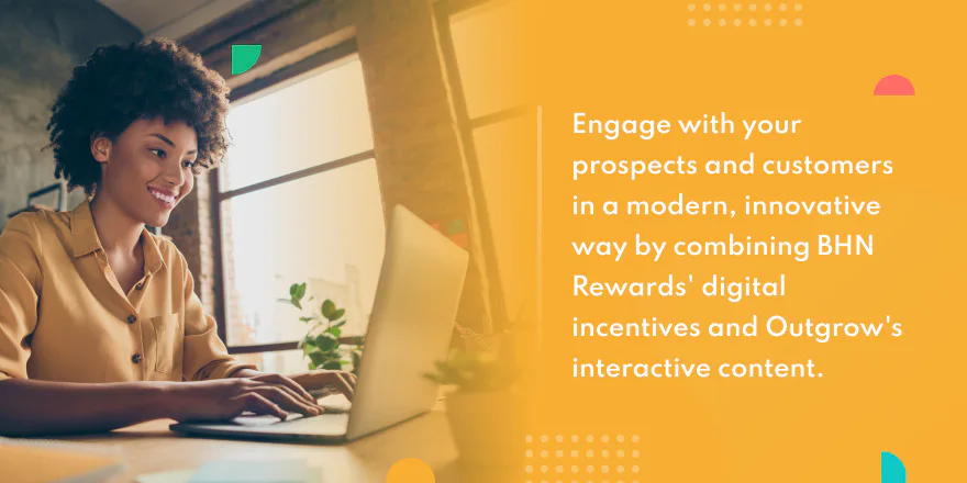 Woman using a laptop beside artwork describing the Outgrow rewards integration
