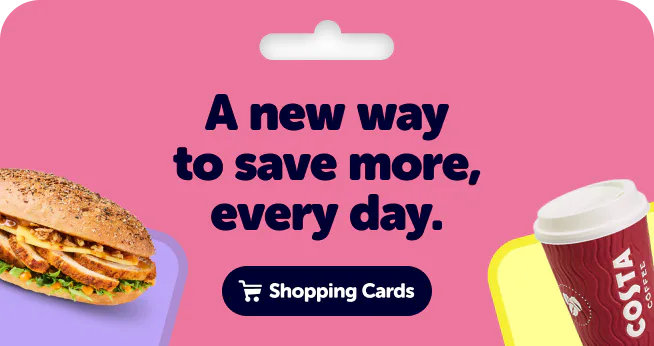 Blue Light Card Shopping Cards promotional artwork with a sandwich and coffee cup on a pink background.