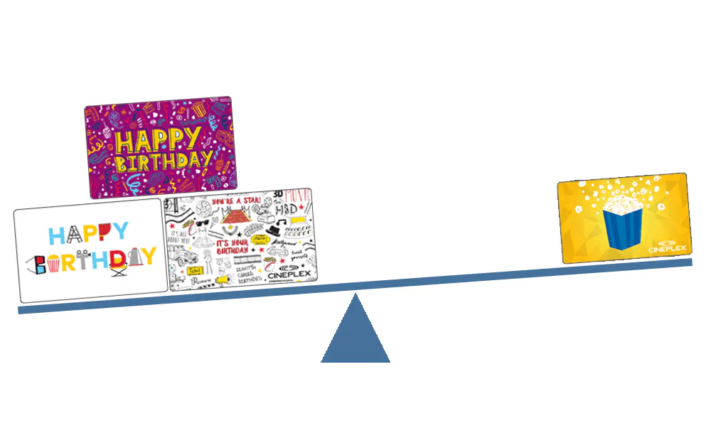 Occasion-based and generic cinema gift card designs arranged on a seesaw