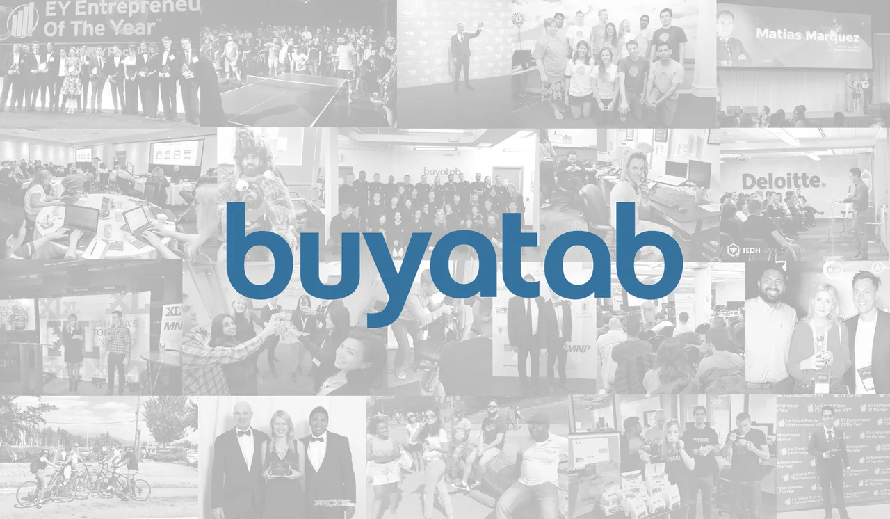 Buyatab wordmark over a collage of team photographs and company events