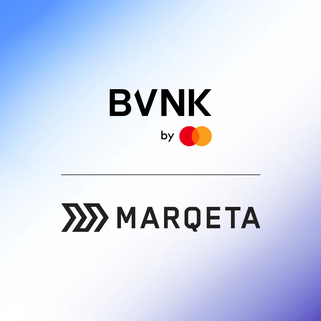 BVNK by Mastercard branding above the Marqeta logo on a blue, white and violet gradient background.