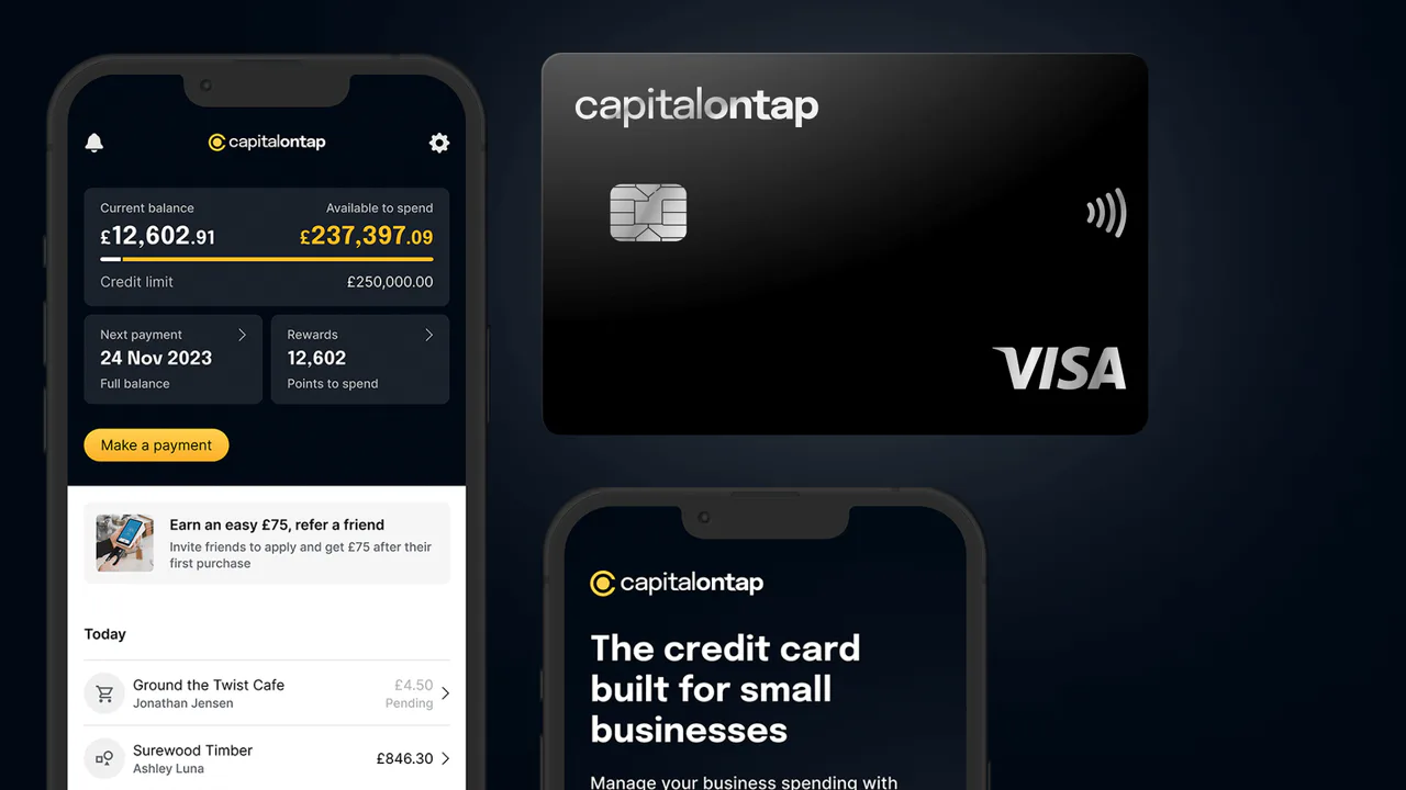 Capital on Tap business card displayed beside its account-management app