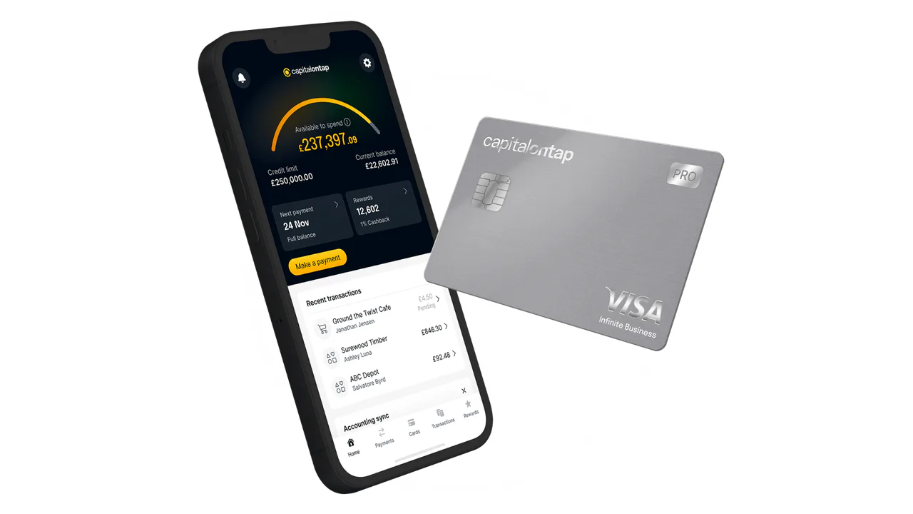 Capital on Tap Pro metal card displayed alongside the account-management app