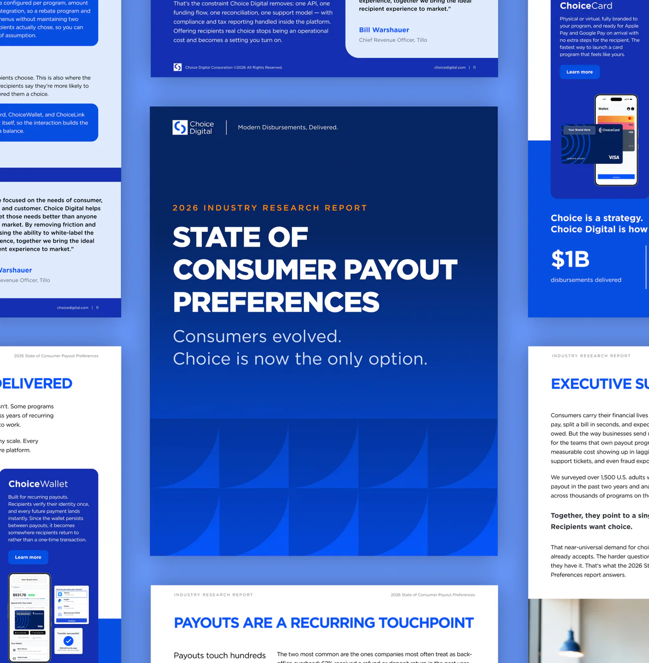 Choice Digital artwork featuring the blue cover of its 2026 State of Consumer Payout Preferences report.