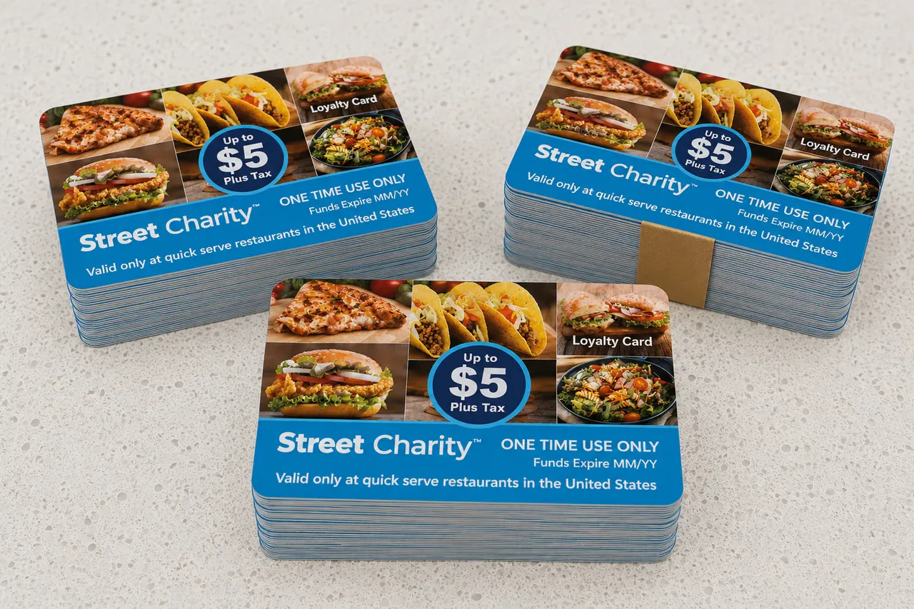 Stacks of Street Charity food cards shown in the organisation’s product illustration