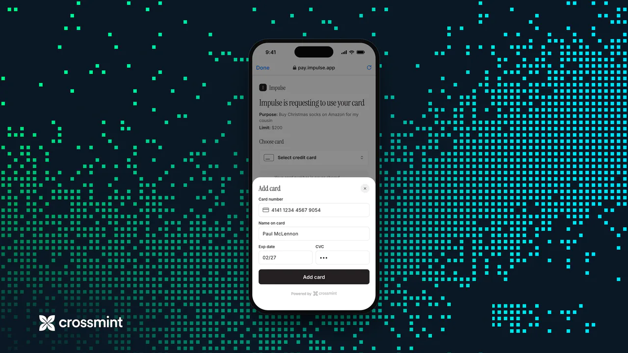 Crossmint product illustration showing a card-entry form on a phone against a dark background with green and blue squares.