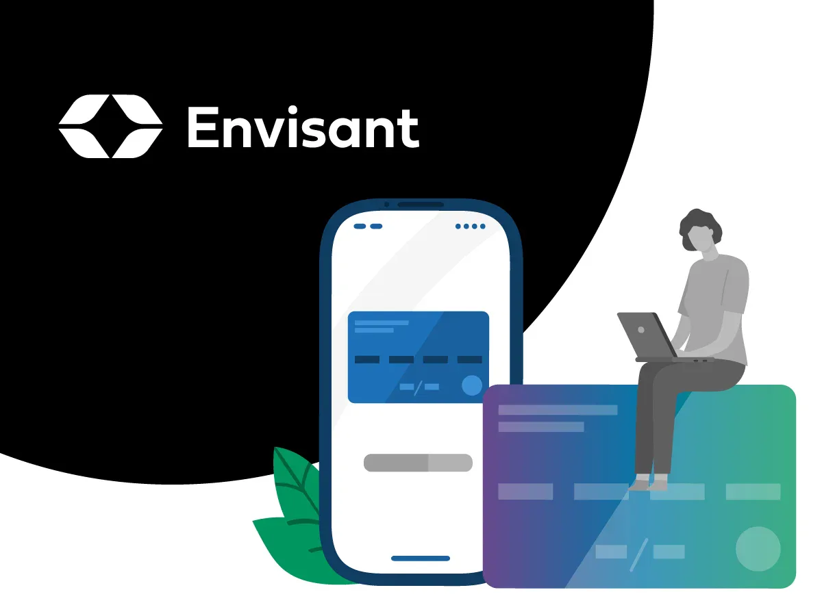 Official Envisant illustration showing a prepaid card, a mobile phone and a person using a laptop.