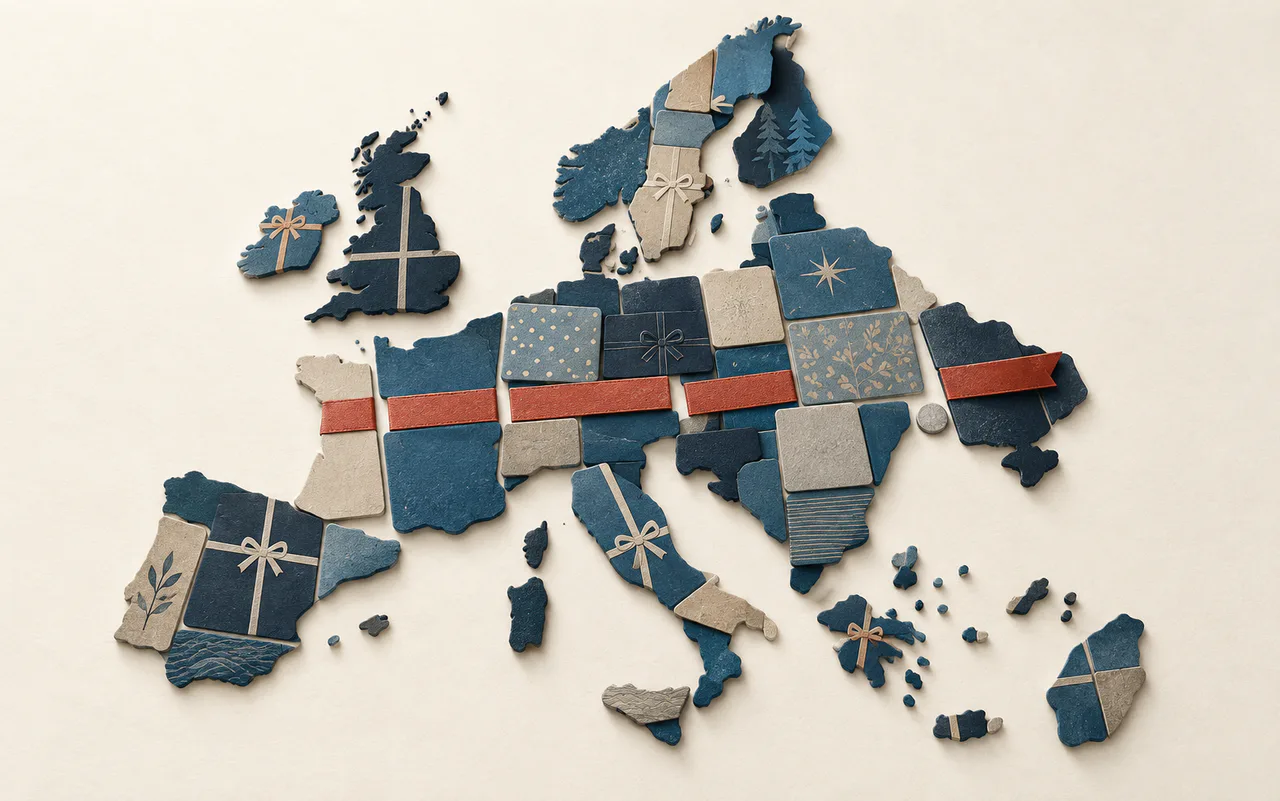 Conceptual paper-cut illustration of Europe assembled from textured gift-card tiles, crossed by a copper-red ribbon interrupted at gaps between them.