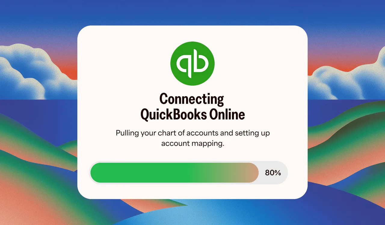 Fluz illustration of a QuickBooks Online connection with an account-mapping progress bar.
