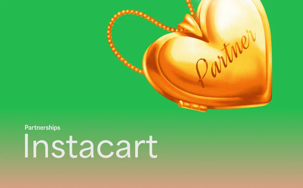 Instacart partnership graphic with a gold heart locket on a green background