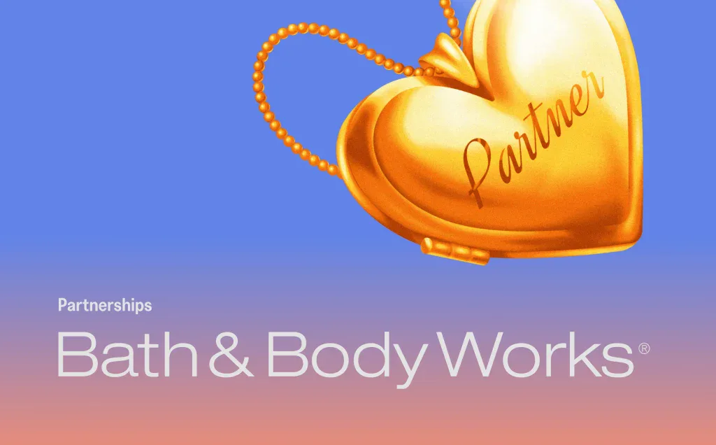 Bath & Body Works partnership graphic with a gold heart locket on a blue background