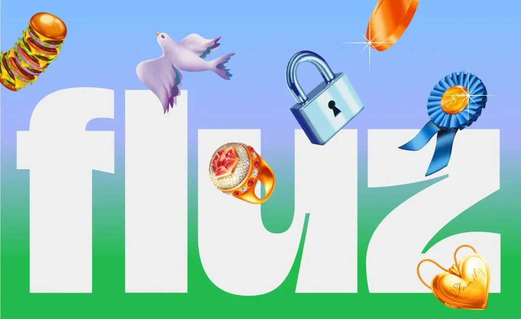 Fluz wordmark surrounded by illustrated rewards, a lock and a ribbon