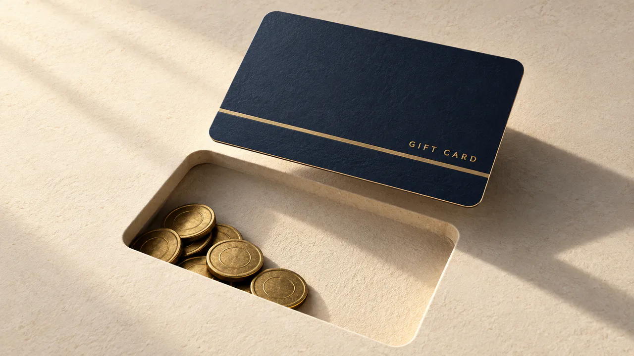 Editorial illustration of a navy gift card lifted above its recessed outline, with gold coins left behind inside.