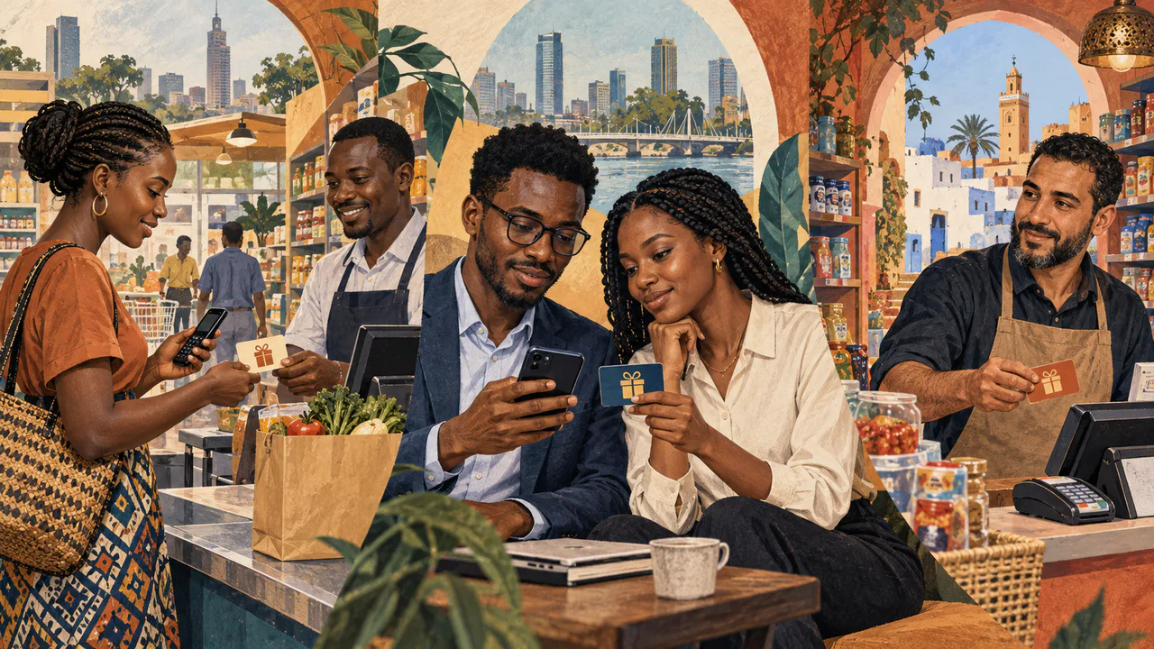 Editorial illustration of shoppers and merchants using phones and gift cards across three contemporary African retail settings.