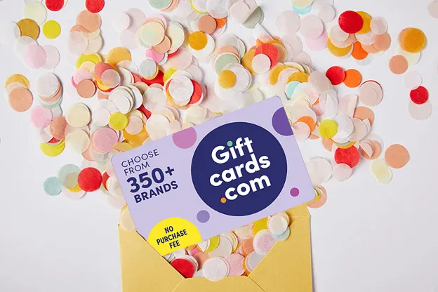 Giftcards.com branded gift card surrounded by colourful confetti