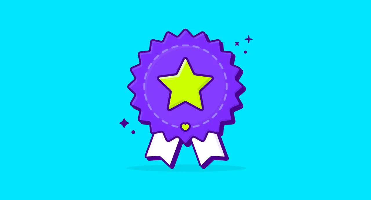 Purple recognition ribbon with a yellow star on a turquoise background