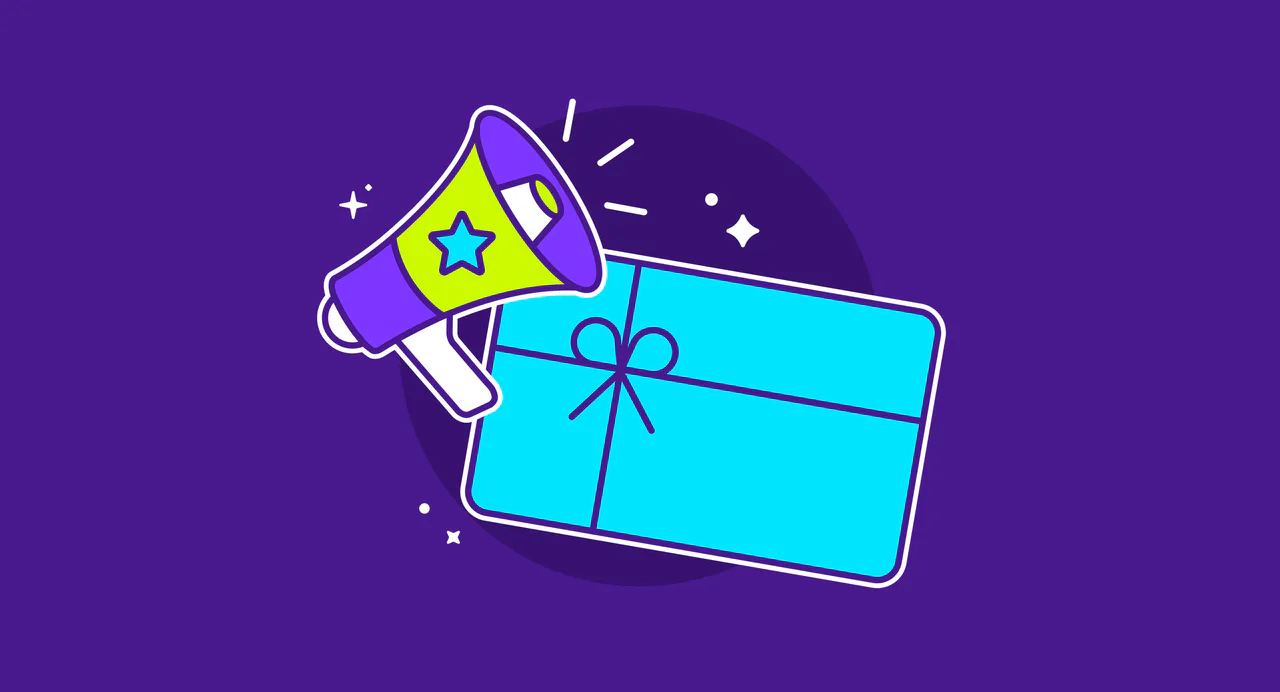 Illustration of a promotional gift card and megaphone representing gift card campaigns, customer rewards, and marketing incentives.