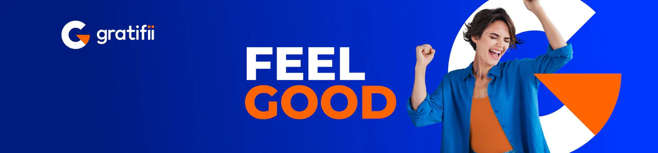 Gratifii brand banner with its logo, the words Feel Good and a smiling woman raising her arms against a blue background.