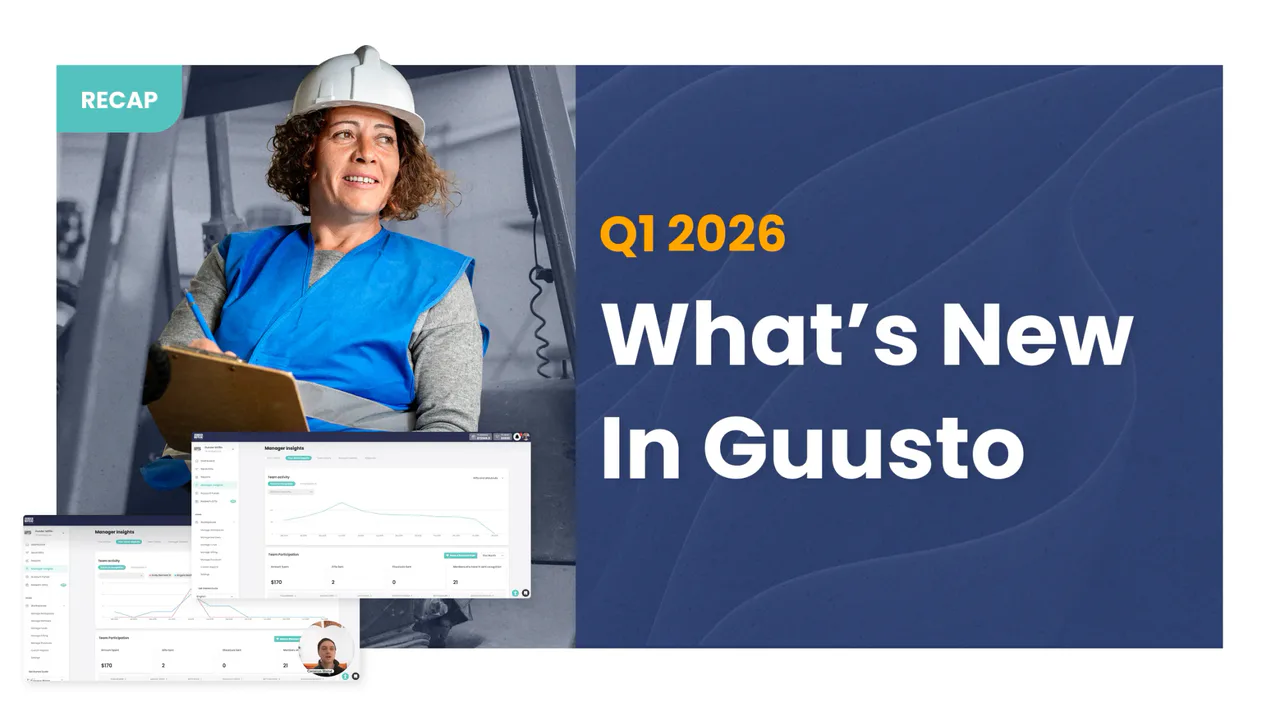Guusto Q1 2026 product update graphic showing a frontline worker and Manager Insights