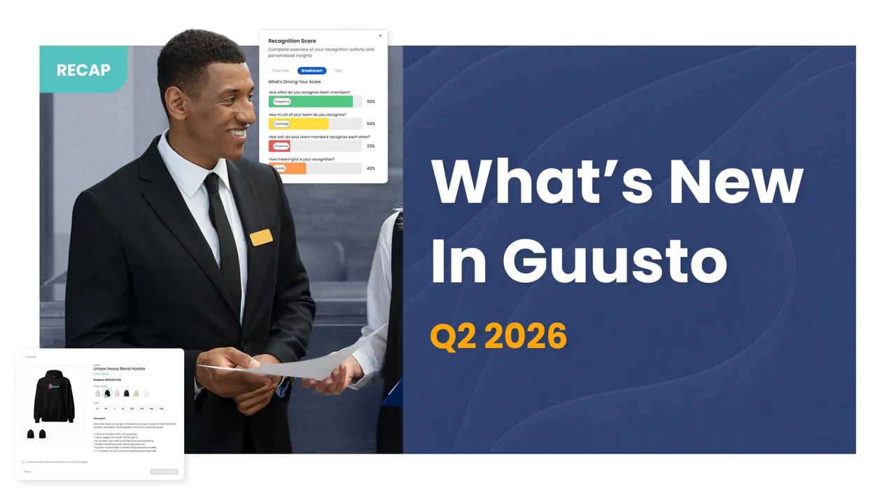Guusto Q2 2026 product update graphic showing recognition scores and merchandise
