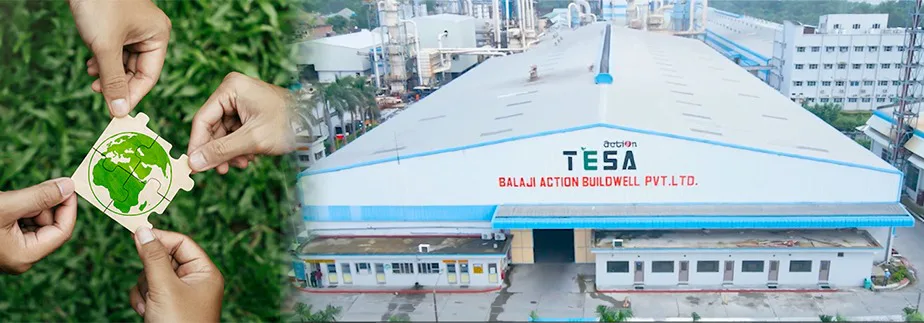 Action Tesa corporate artwork combining its Balaji Action Buildwell factory with a sustainability-themed illustration.