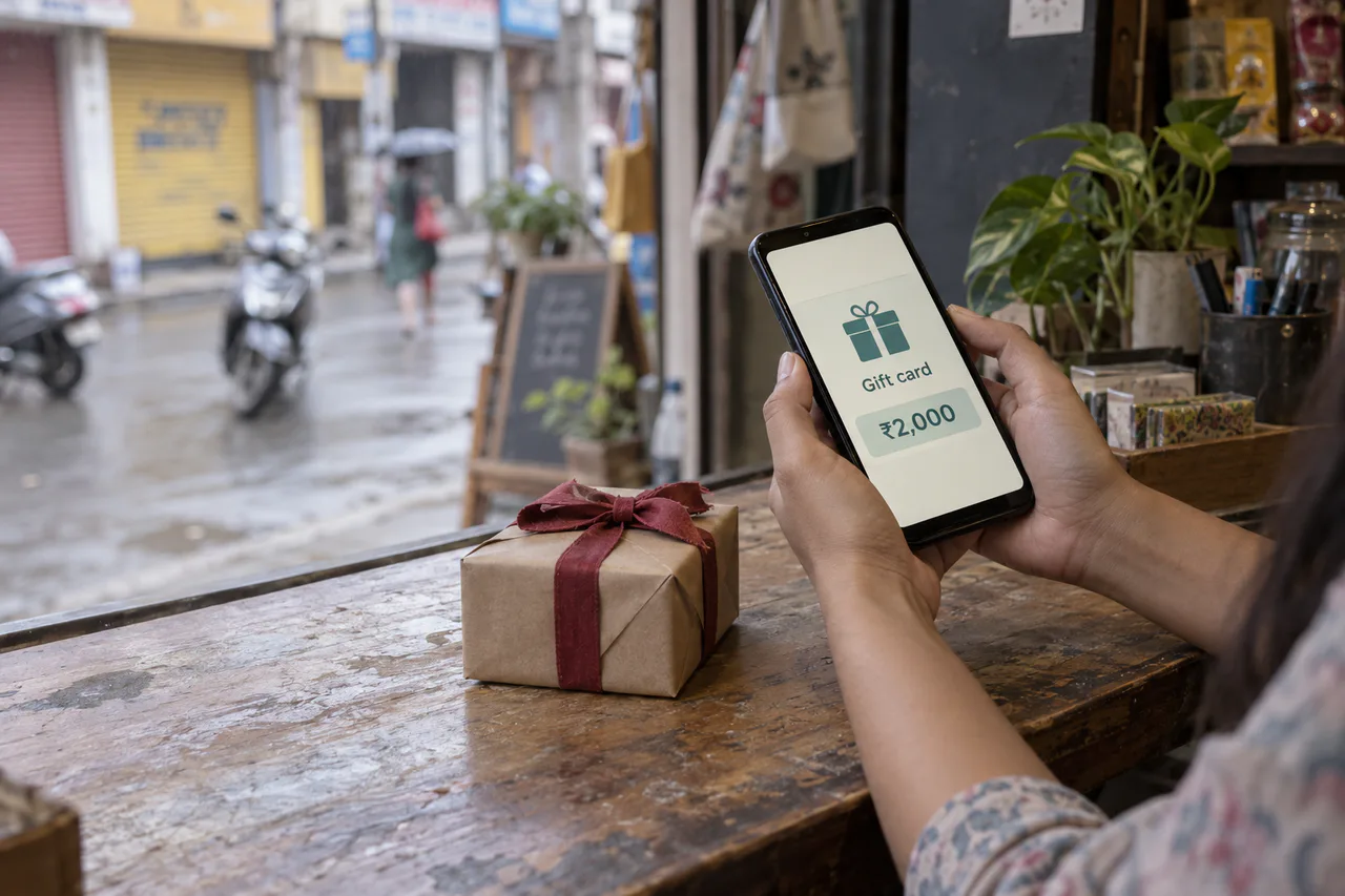 Hands holding a phone displaying a rupee-denominated gift card beside a wrapped gift at an Indian shop counter.