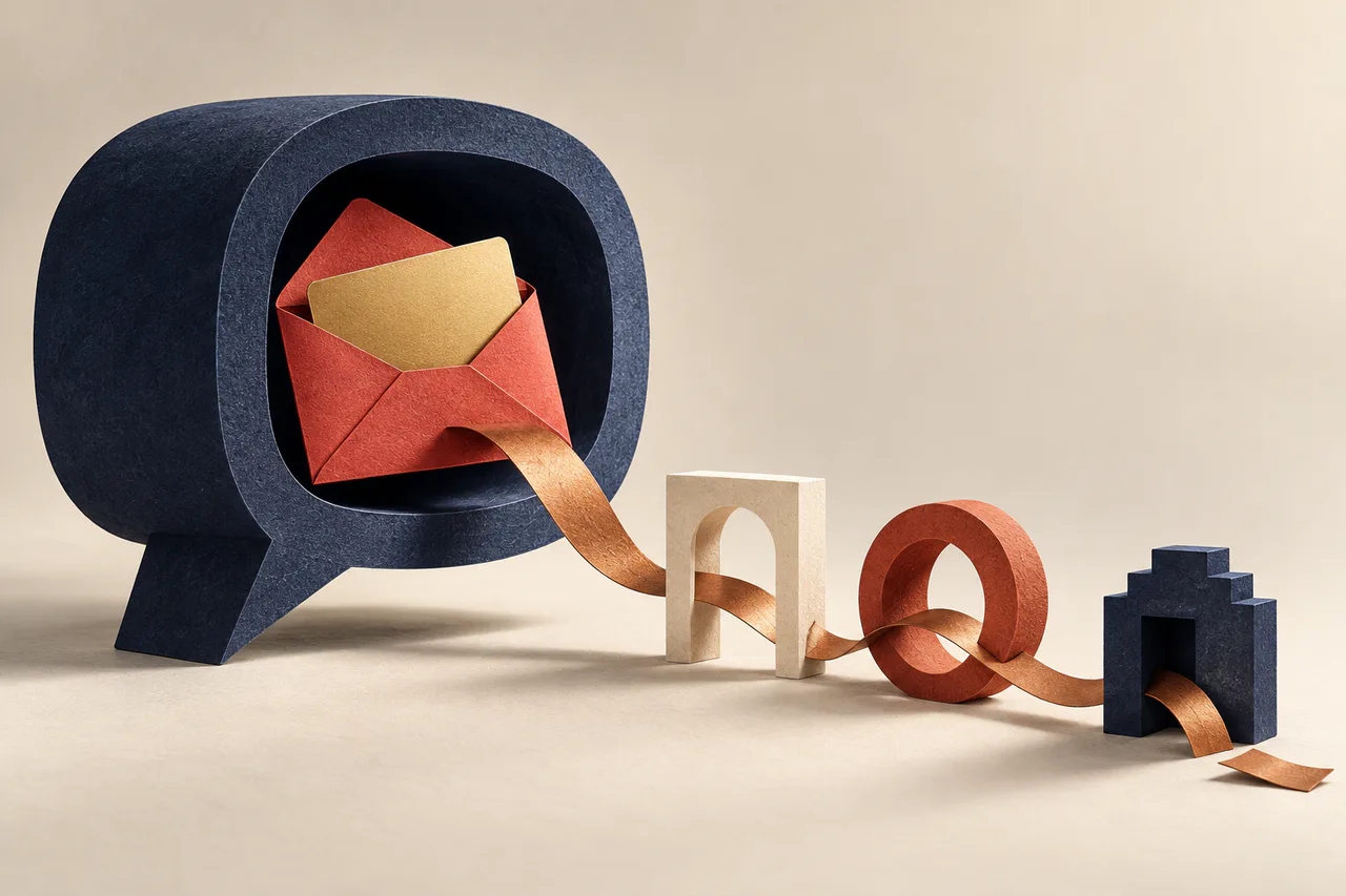 A gold gift card in a red envelope emerges from an indigo speech bubble, with a copper ribbon passing through three different redemption gateways.