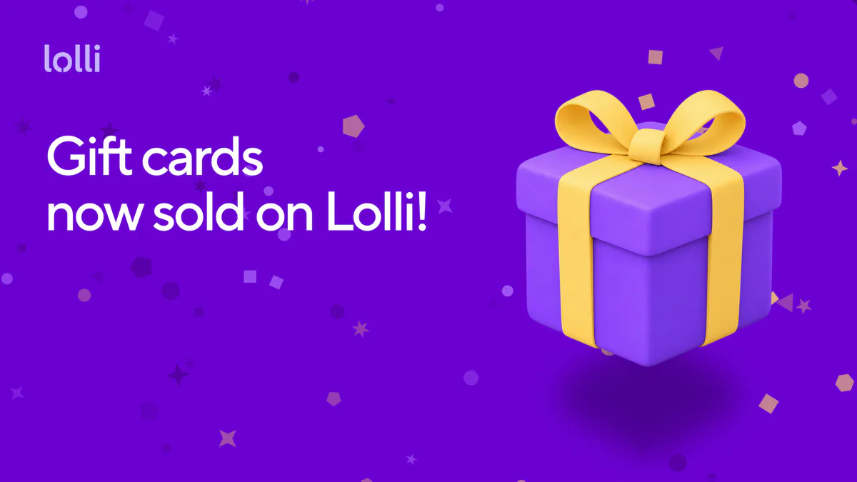 Lolli gift-card announcement artwork with a purple gift box and yellow ribbon.