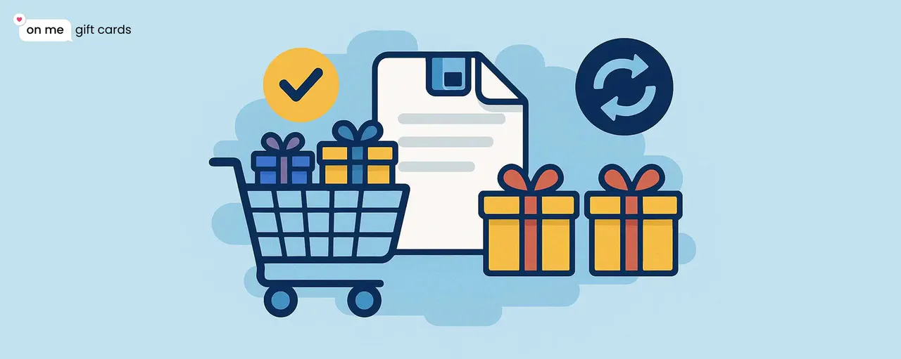 Official On Me product artwork introducing carts, saved gift drafts and one-click duplication.