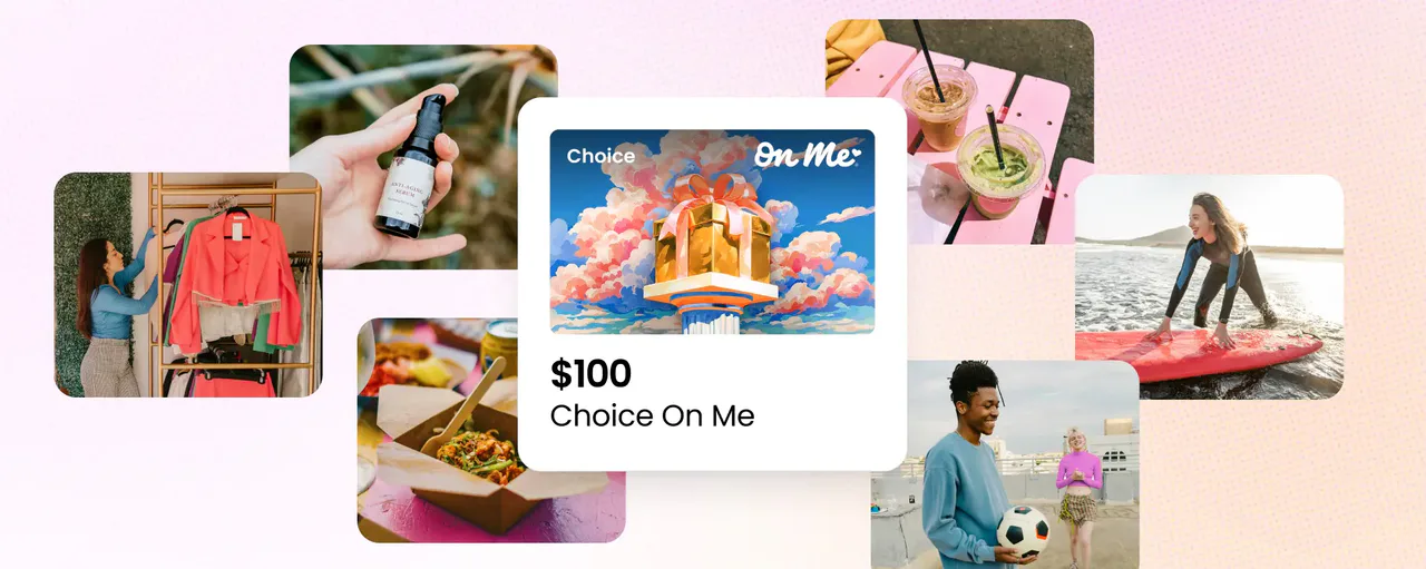 Choice On Me product artwork showing a digital gift card alongside people enjoying different activities.