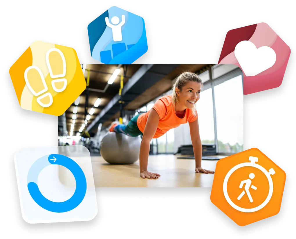 Motivosity wellness illustration combining a woman exercising with achievement and activity icons.