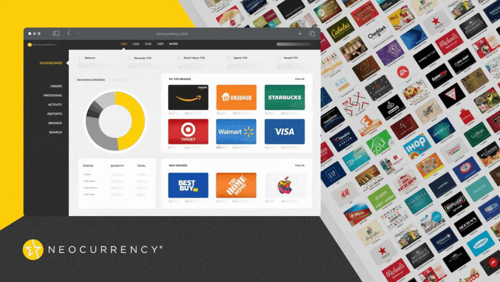 NeoCurrency promotional artwork showing its reward dashboard beside a catalog of branded gift cards.
