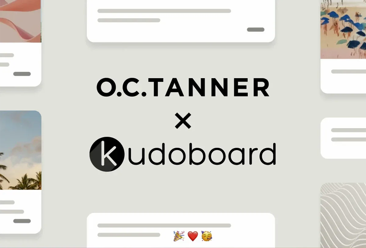 O.C. Tanner and Kudoboard logos surrounded by illustrated group celebration cards.