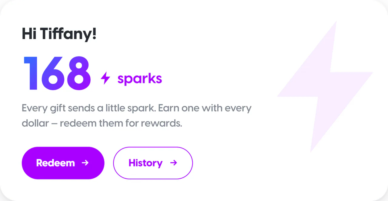 PerfectGift promotional interface showing a sample Sparks points balance and reward redemption controls.