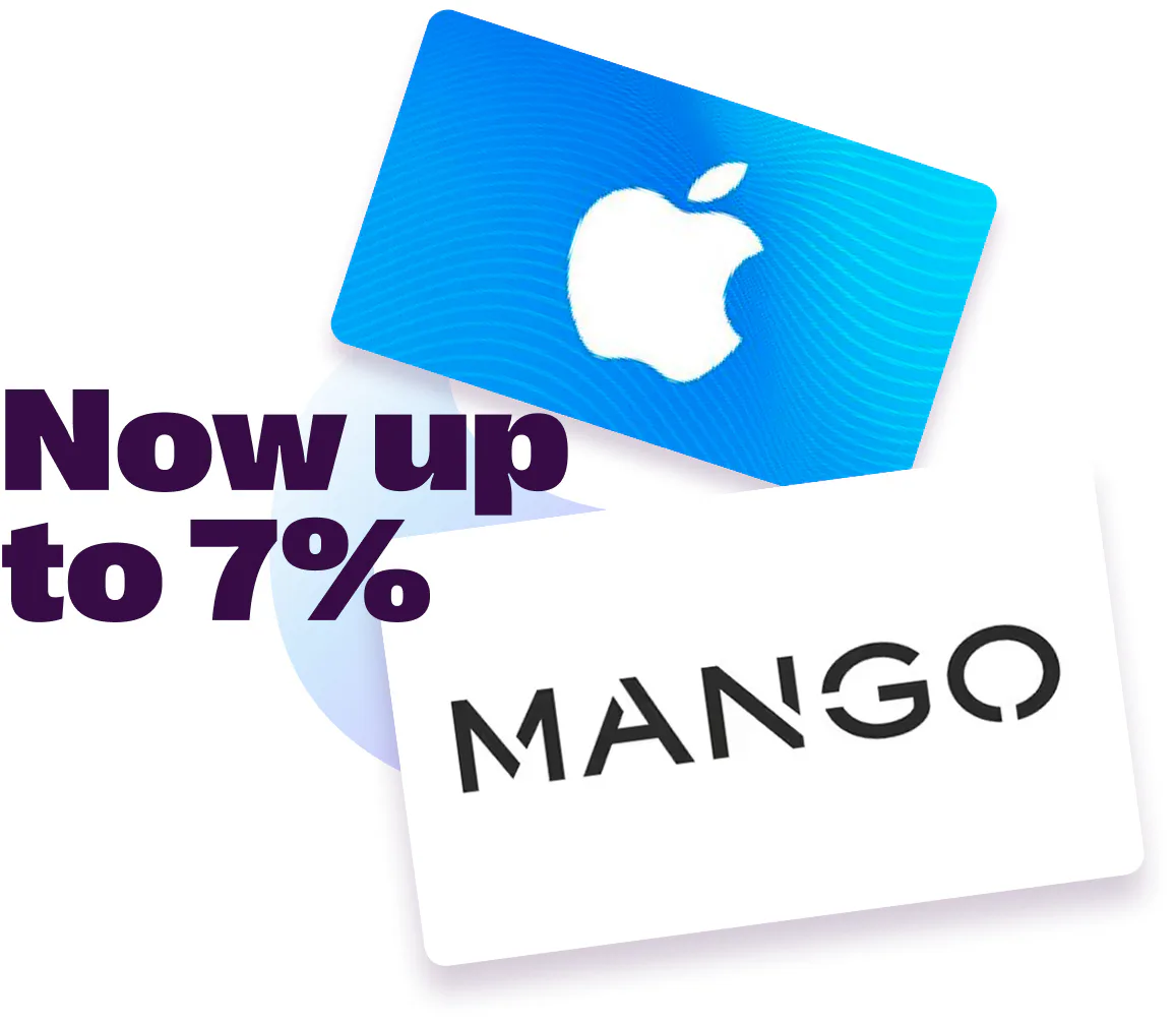 Saldo Bank gift-card benefits illustration showing Apple and Mango cards