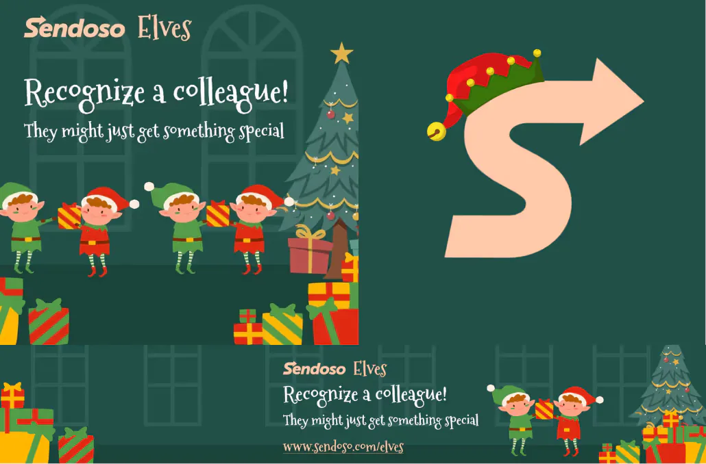 Sendoso Elves campaign illustration showing holiday gifts and colleague recognition