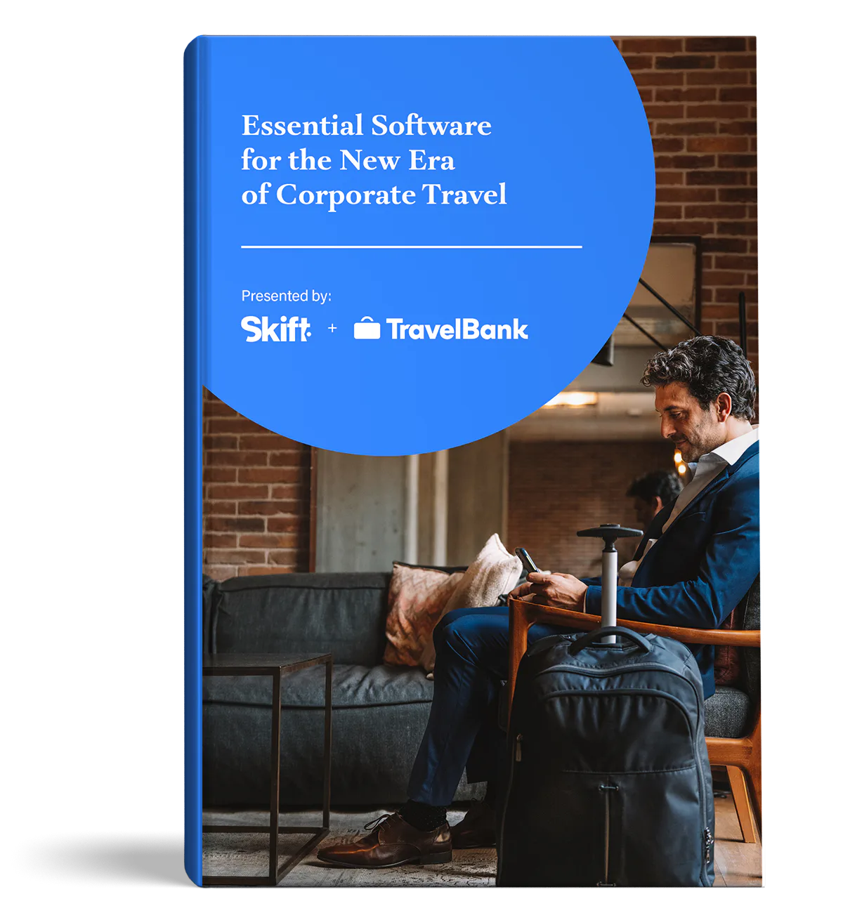Cover of the 2023 Skift and TravelBank report, showing a business traveller seated beside luggage.