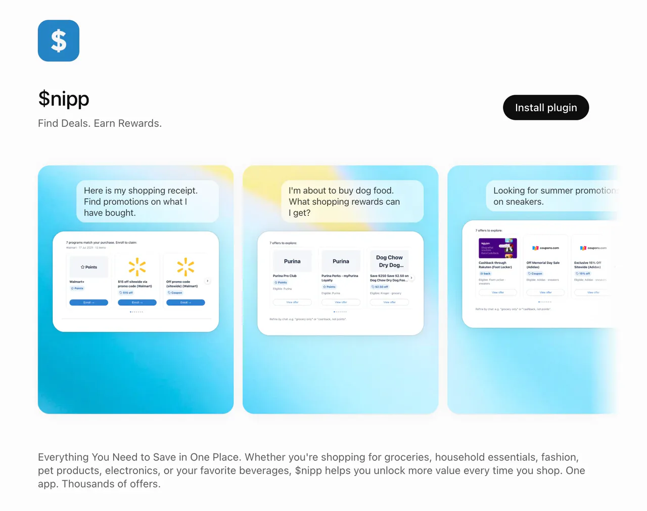 Snipp’s published product illustration shows a plugin listing and example conversations about receipts, pet-food rewards and shopping promotions.
