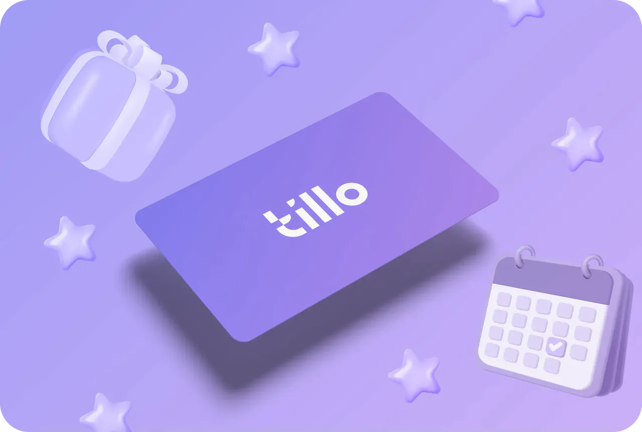 A purple Tillo gift card surrounded by a wrapped gift, stars and a calendar.
