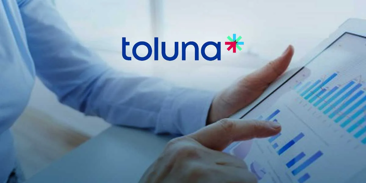 Toluna promotional image showing a person using a tablet with charts and the Toluna logo.