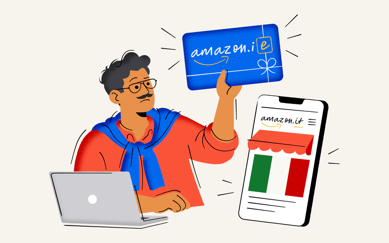 Tremendous illustration showing an Amazon gift card beside a phone displaying the Italian Amazon storefront.
