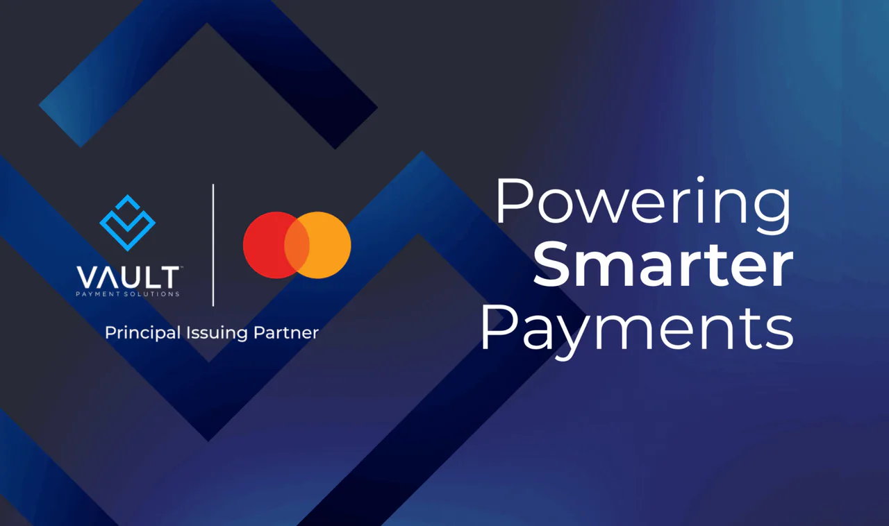 Official Vault Payment Solutions and Mastercard Principal Issuing Partner artwork on a blue background.