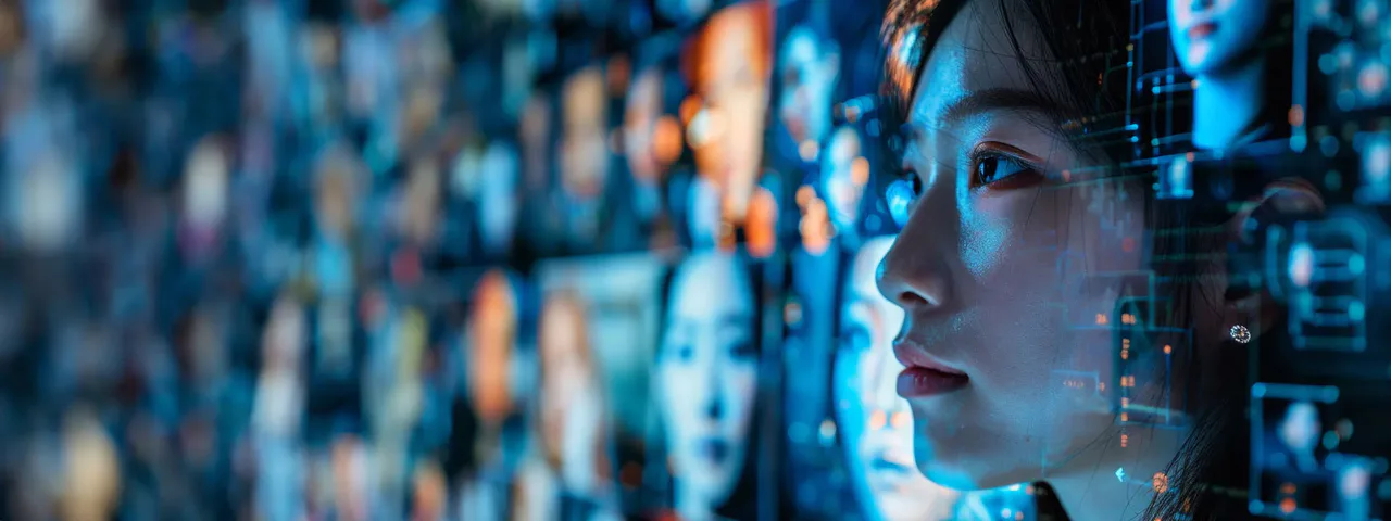 A woman looking toward digital displays with faces and data overlaid across the scene.