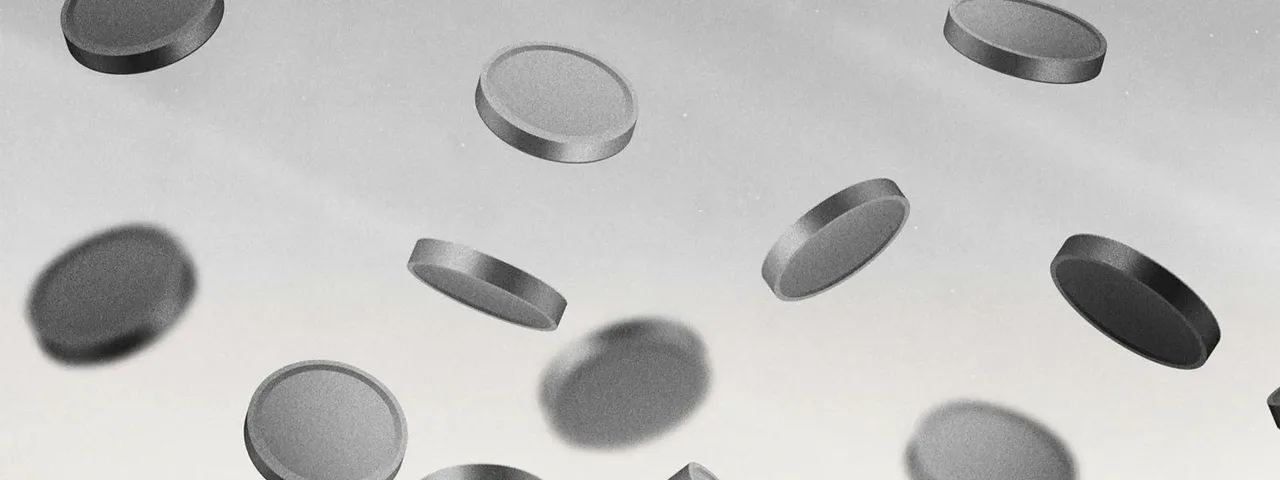 A monochrome illustration of coins suspended above a pale background.
