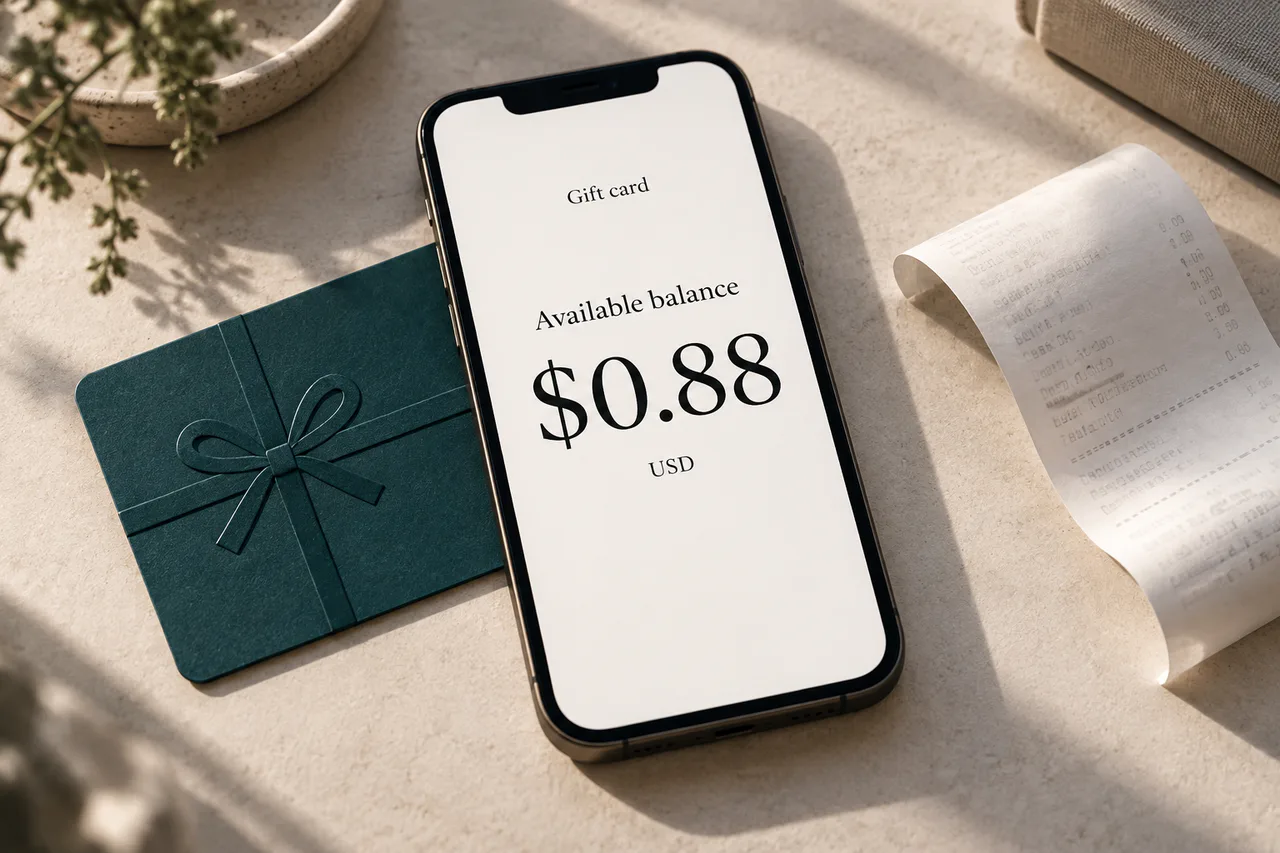 Editorial illustration of a phone displaying an available gift card balance of $0.88 beside a teal gift card.