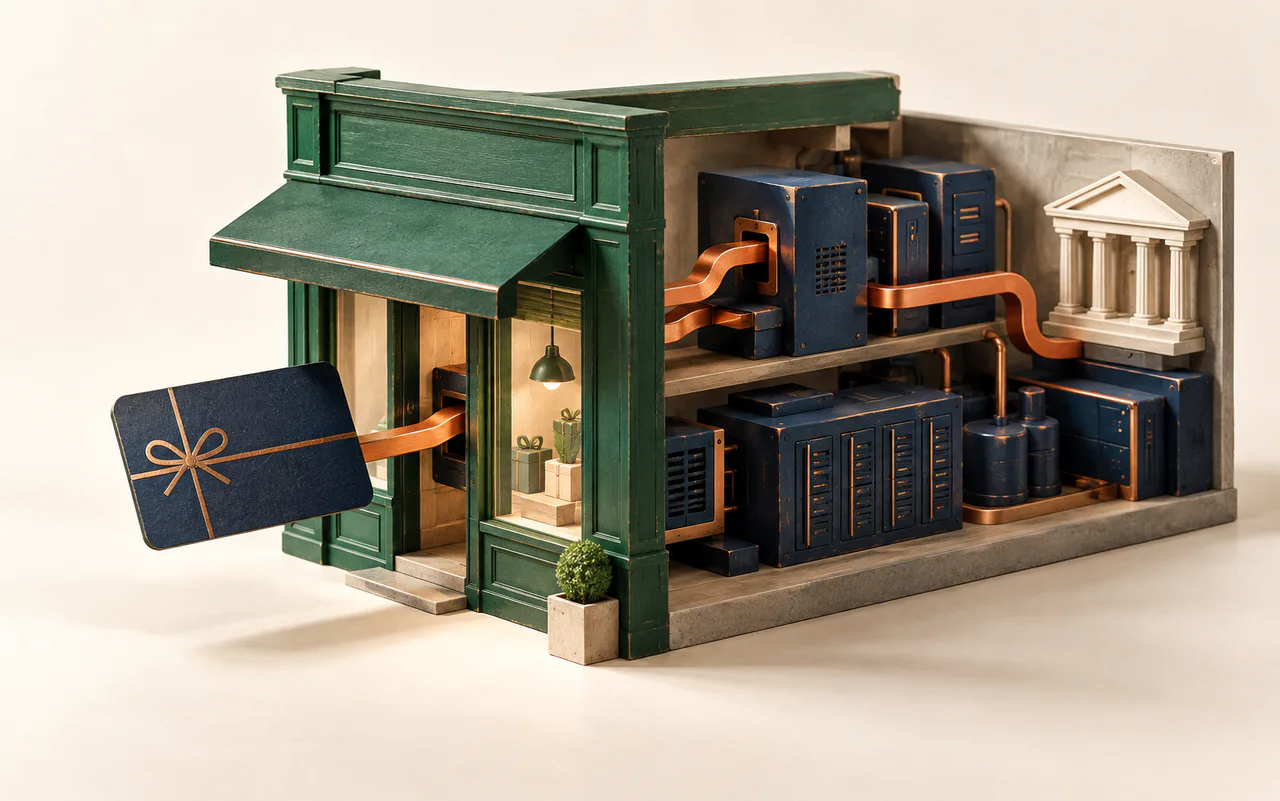 Editorial illustration of a green storefront opened to reveal card-processing modules and a bank, connected to a navy gift card by a copper ribbon.