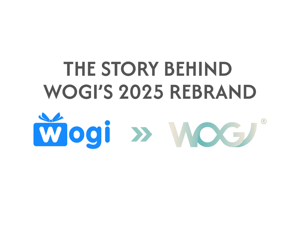 WOGI illustration comparing its old gift-box logo with its 2025 brand identity